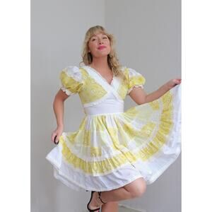 1970s Vintage Cheery Yellow Sunflower Patchwork Square Dance Dress Women's XS SM